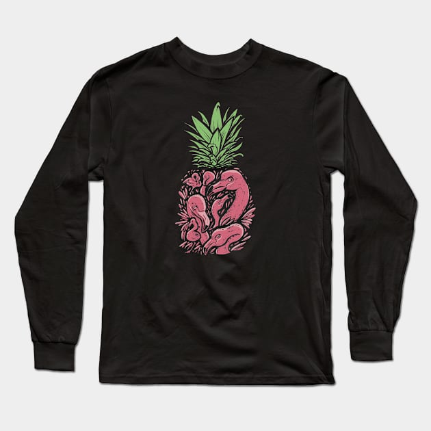 Vintage Pink Flamingo Pineapple Sketch Long Sleeve T-Shirt by SLAG_Creative